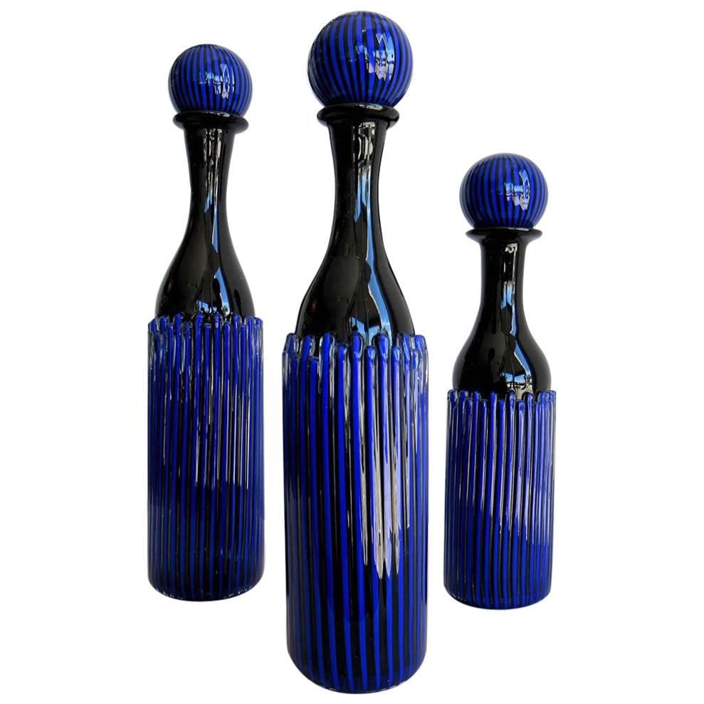 Set of Three Blown Glass Decanters Signed by Peter Greenwood For Sale