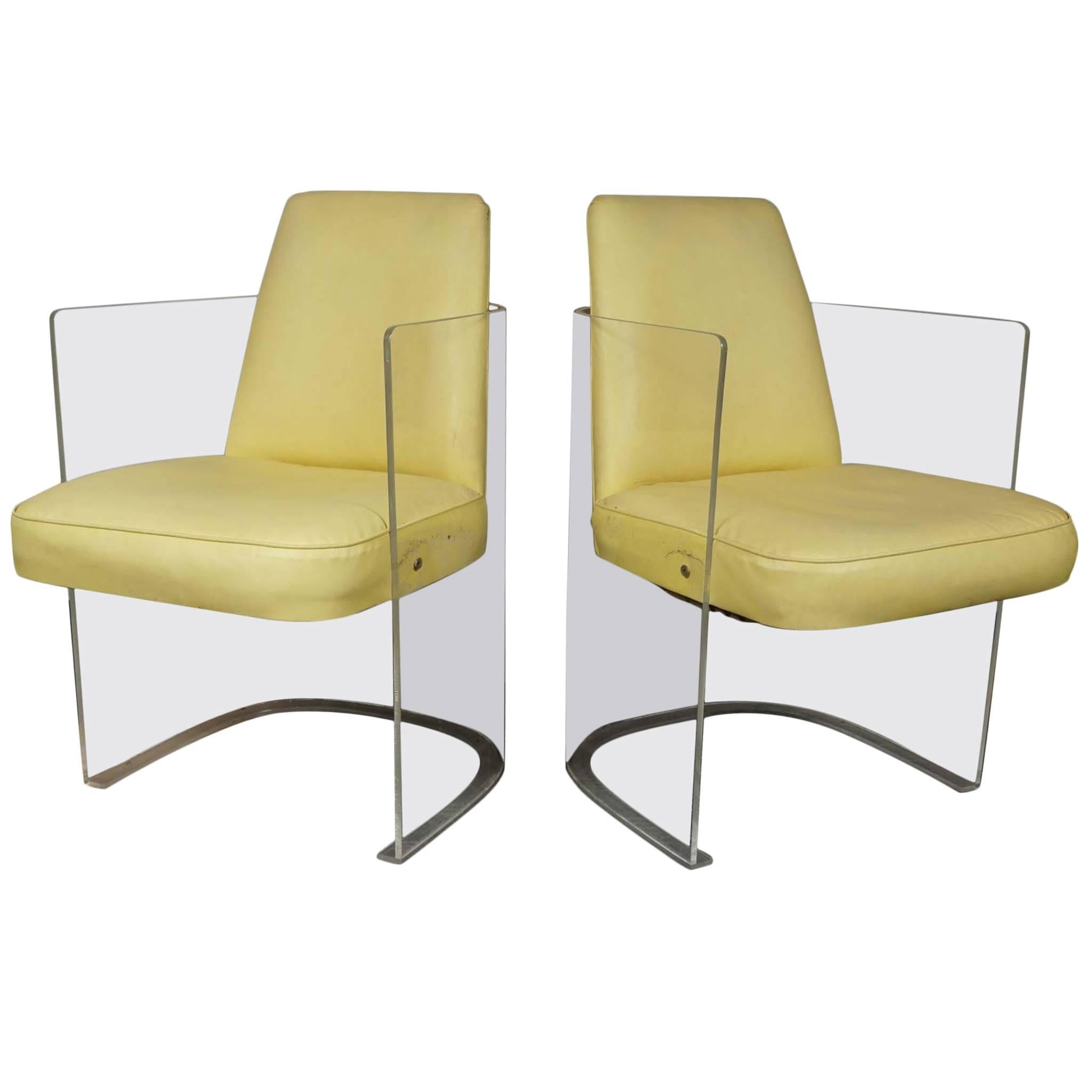 Pair of Lemon Plexiglass and Vinyl Mid-Century Modern Chairs by Vladimir Kagan