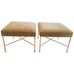 Pair of Paul McCobb "X" Base Brass and Mohair Stools
