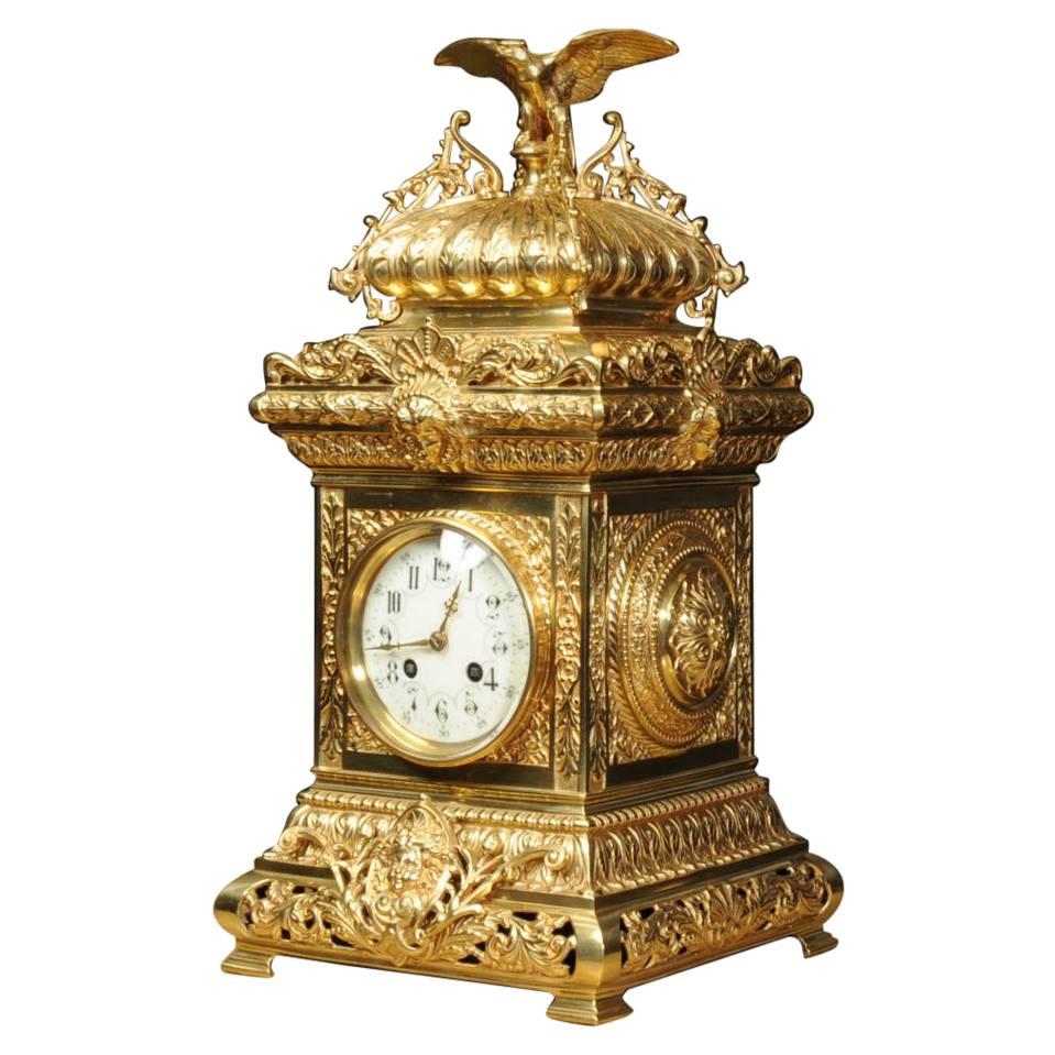Antique Table Clock, French Gilt Bronze by Samuel Marti with Eagle