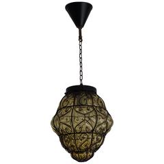 Mid-Century Amber Color Blown Glass in Wrought Iron Pendant or Ceiling Lamp