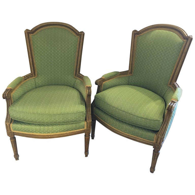Pair of Jansen Stamped Louis XVI Style Arm or Bergere Chairs For Sale