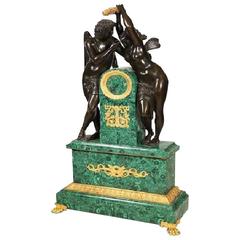 Rare 19th Century Museum Quality Gilt Bronze and Malachite Mantel Lovers Clock