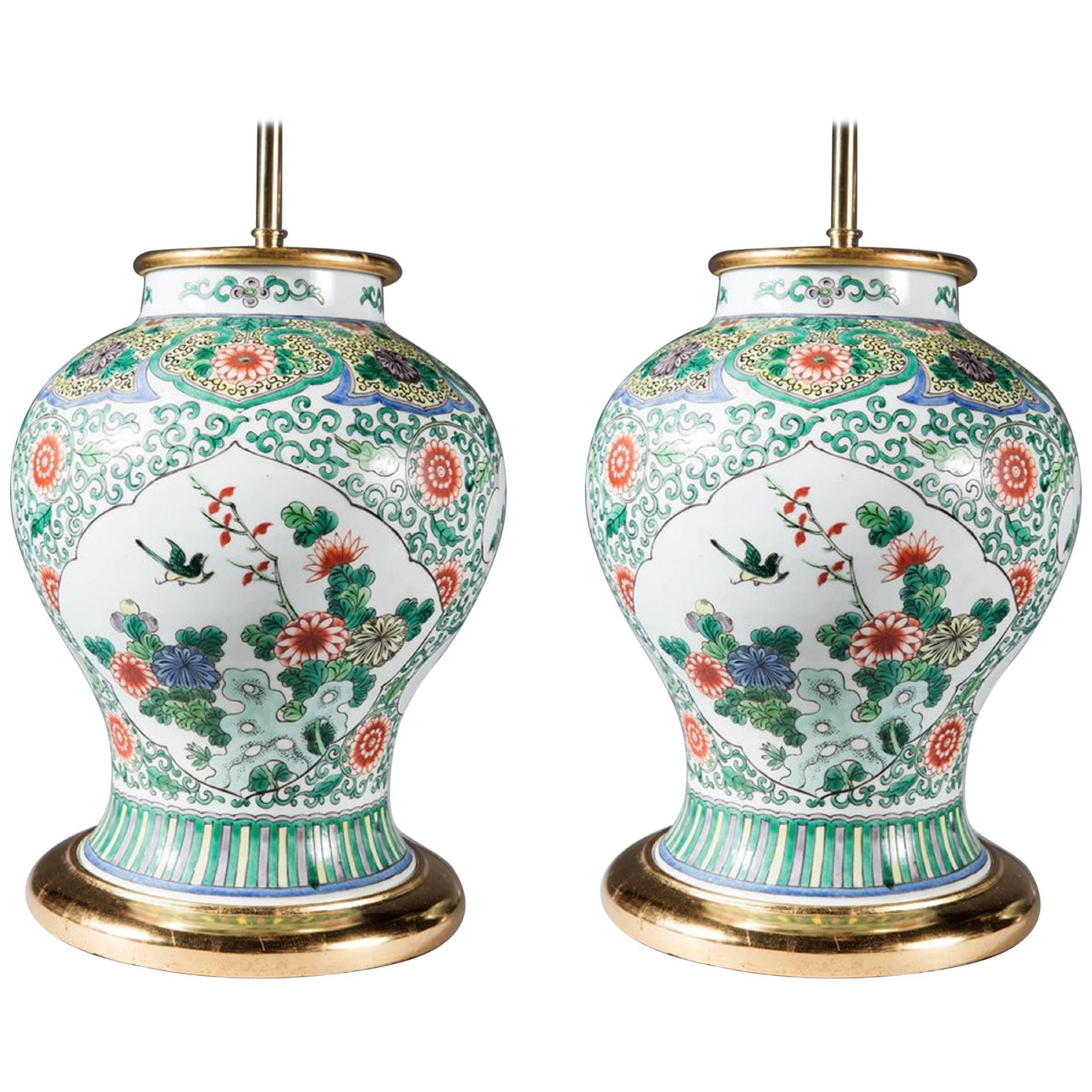 Pair of Famille Verte Baluster Vases as Lamps