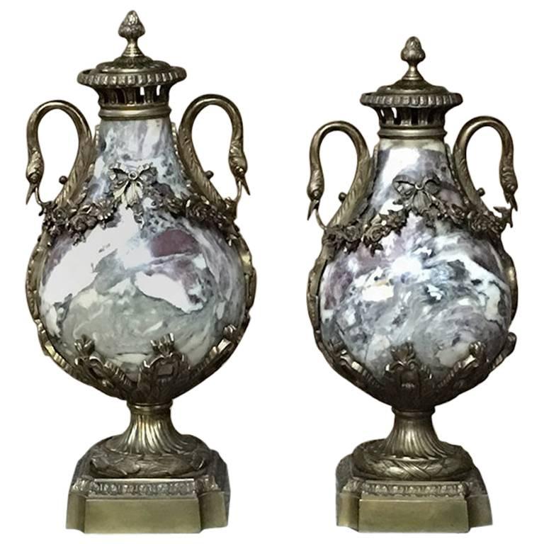 Pair of 19th Century Belle Epoque Marble and Bronze Mantel Urns