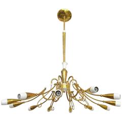 Italian Twelve-Arm Curved Brass and Enameled Metal Chandelier 4