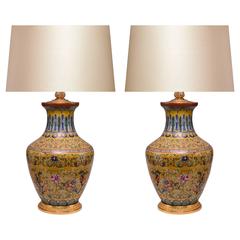 Pair of Imperial Yellow Ground Famille Rose Porcelain Lamps