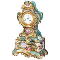 Antique Early French Rococo Porcelain Boudoir Clock, Silk Suspension Movement