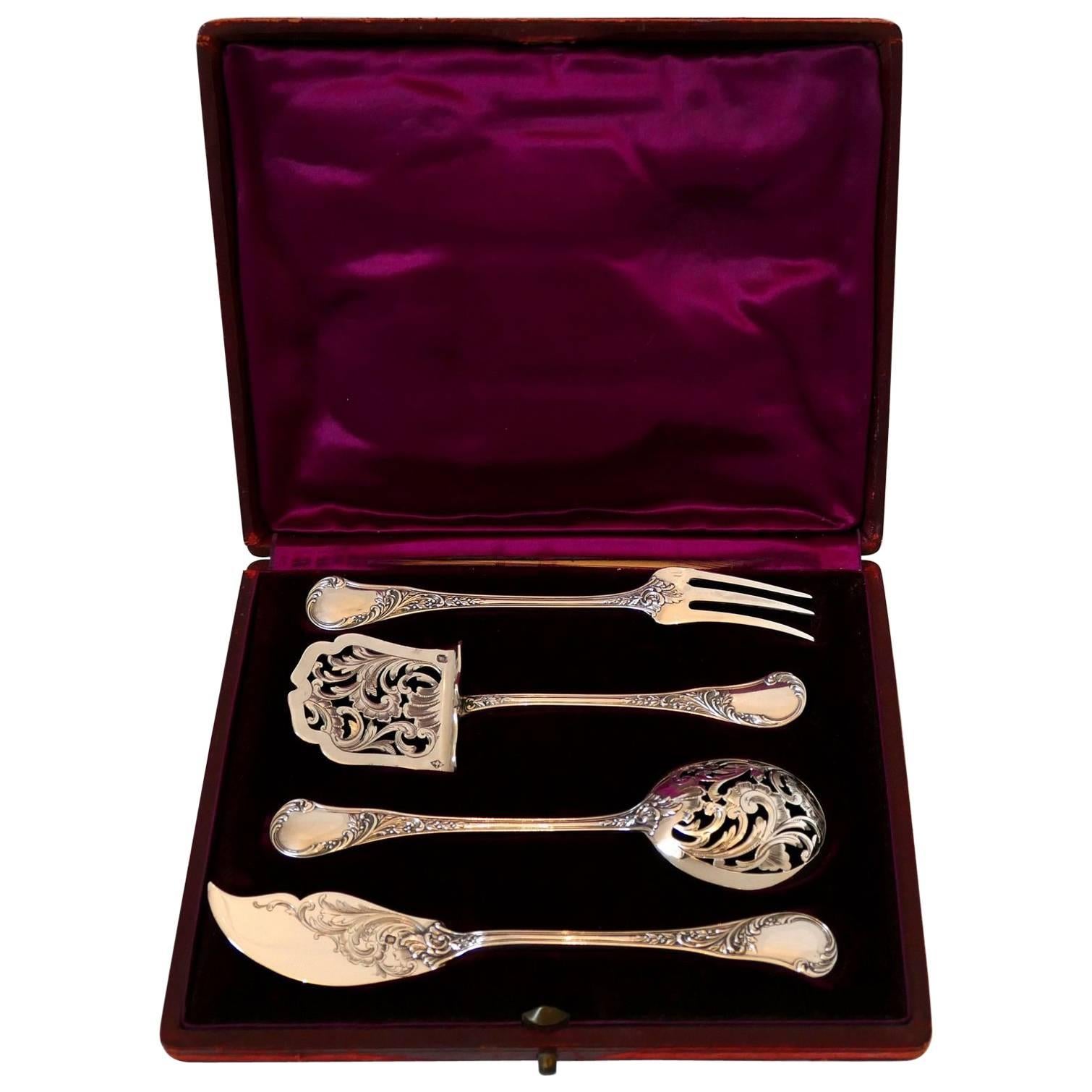 Queille French All Sterling Silver Dessert Hors D'oeuvre Set with Box Rococo For Sale