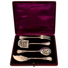 Used Queille French All Sterling Silver Dessert Hors D'oeuvre Set with Box Rococo