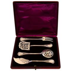 Queille French All Sterling Silver Dessert Hors D'oeuvre Set with Box Rococo 11