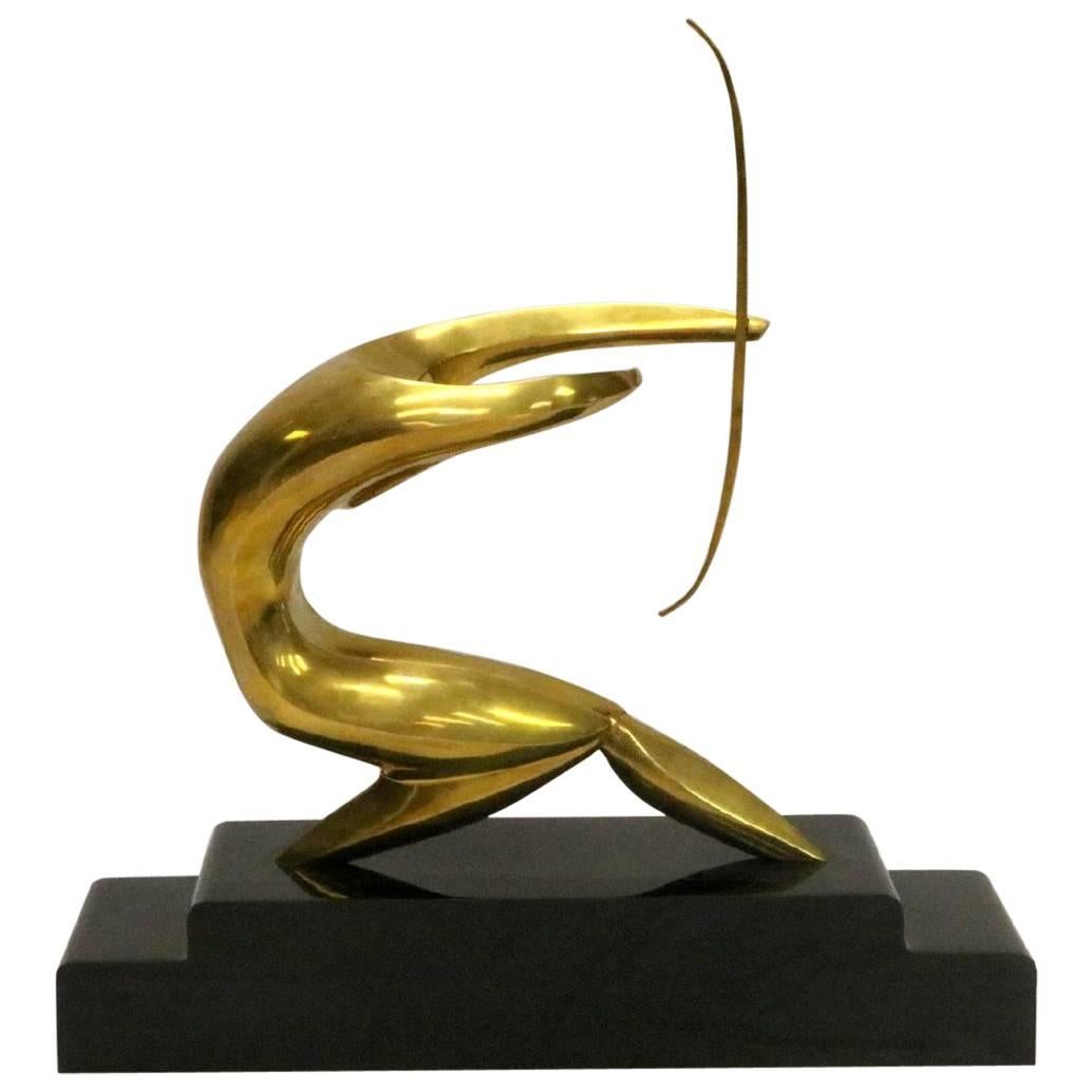 Modernist Brass Archer Sculpture Signed by Maxime Delo, circa 1970 For Sale