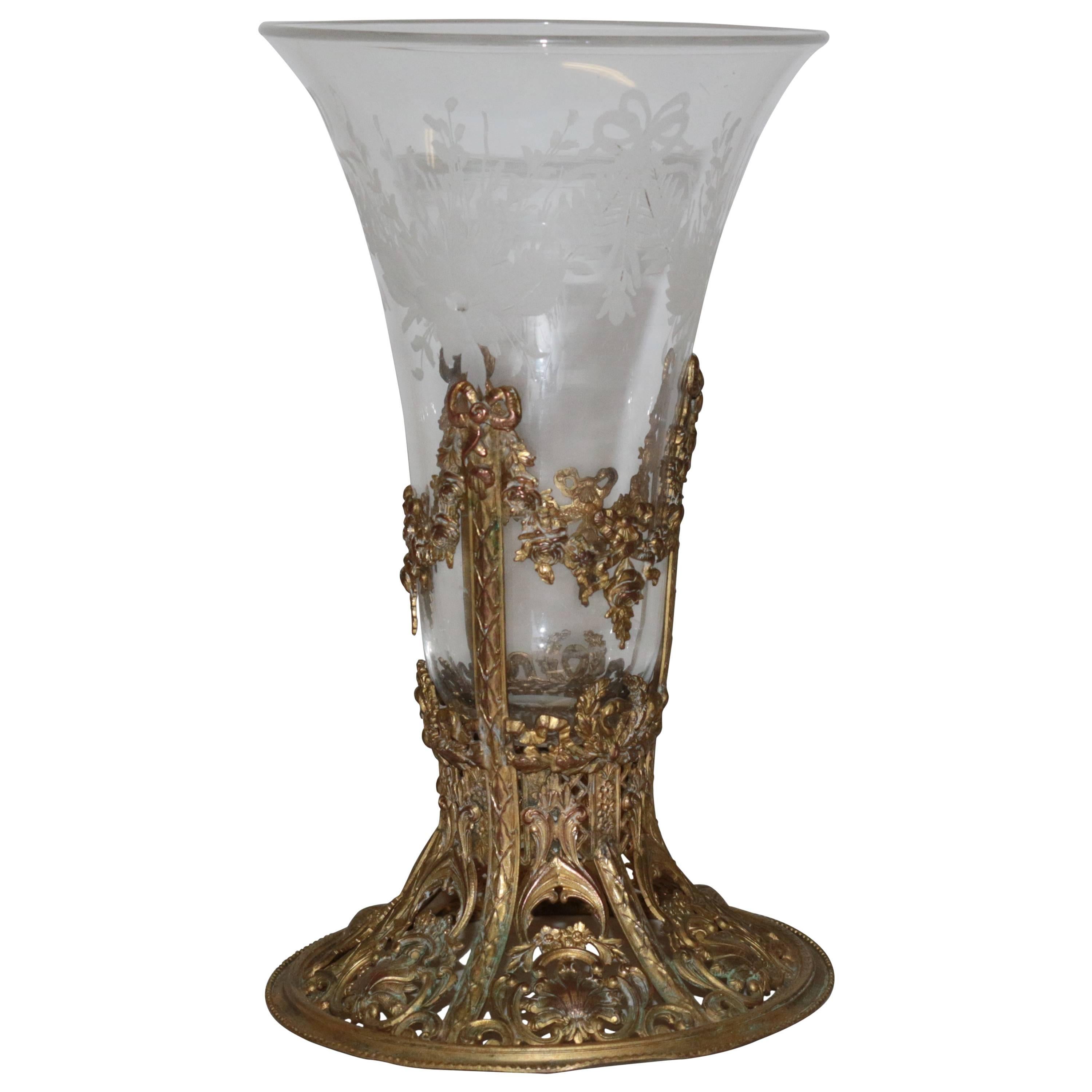 19th Century French Etched Glass Ormolu Metal