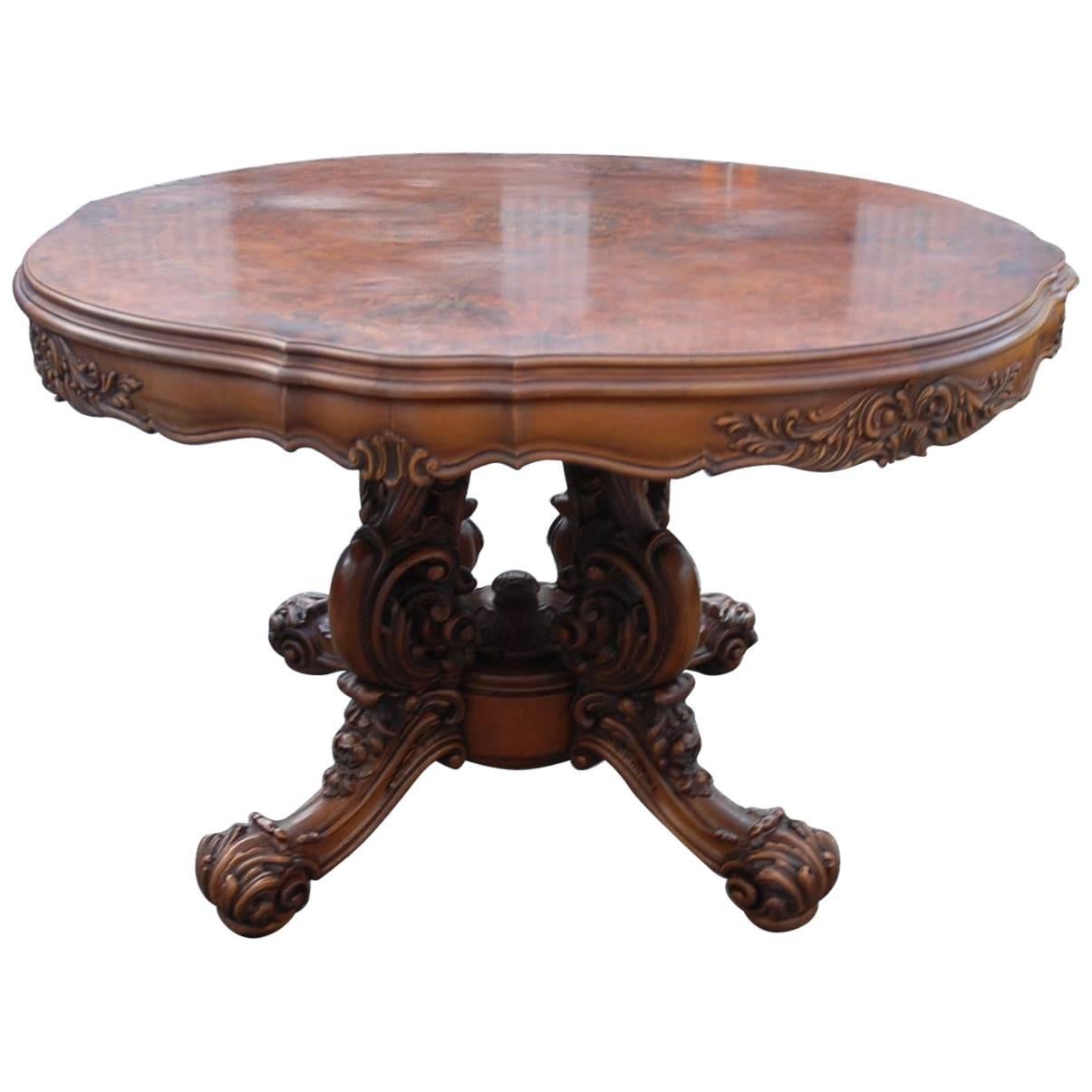 Mid Century Baroque Style Carved Wood Centre Table with Marquetry Inlay Top