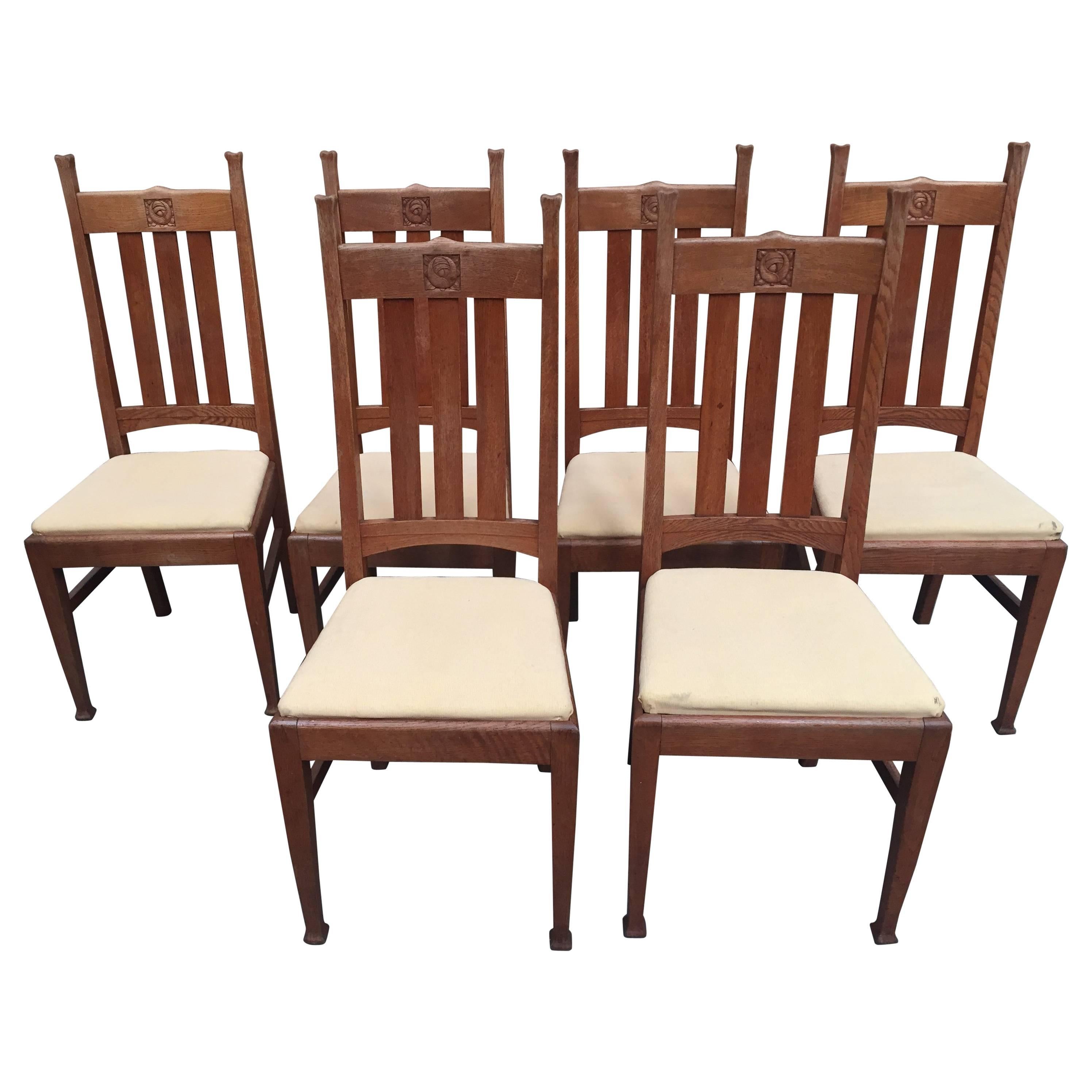 Set of Six Oak E A Taylor Glasgow School Chairs by Wylie 
Lochhead, circa 1905 For Sale