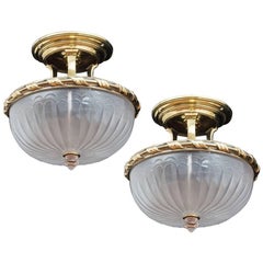 Pair of Brass and Opaque Glass Plaffonniers