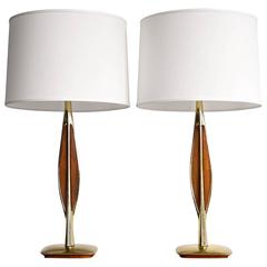 Pair of Heavy Brass and Walnut Lamps by Laurel