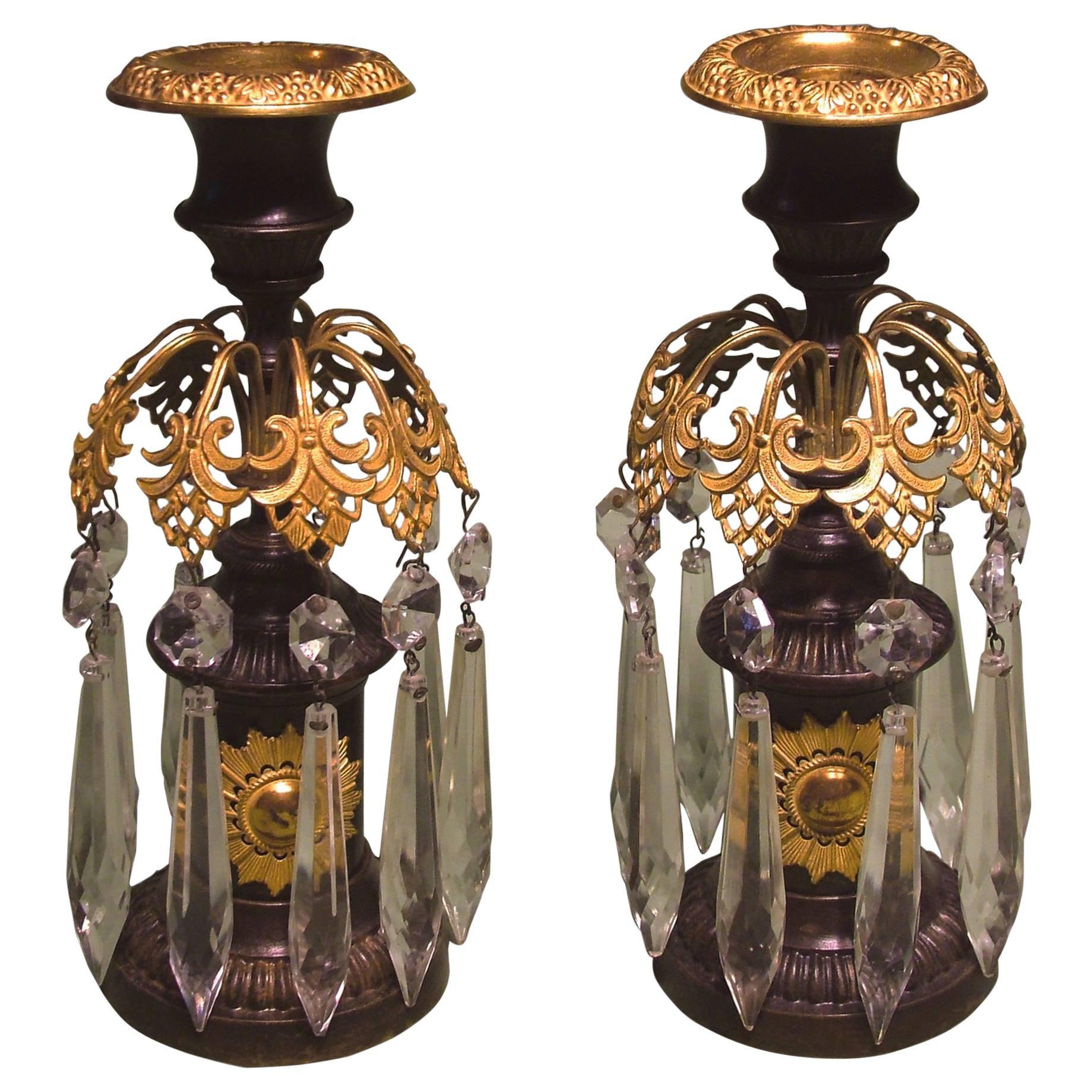 Pair of Regency Period Bronze and Ormolu Lustre Candlesticks