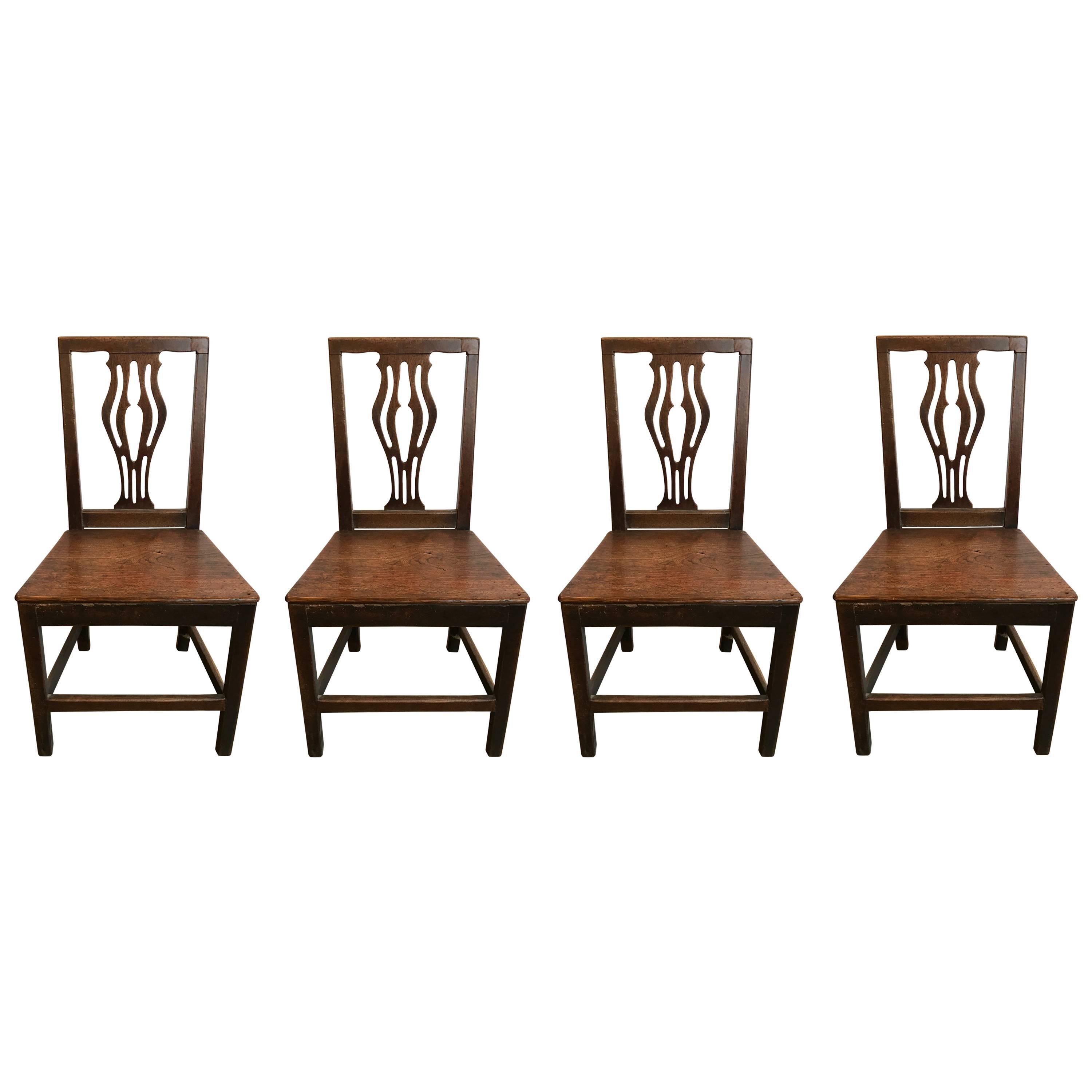 Set of Four 18th Century English Oak Country Chippendale Side Chairs For Sale