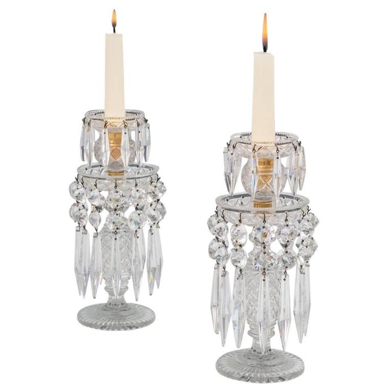 Pair Regency Strawberry Diamond CutGlass Candlesticks For Sale at 1stDibs