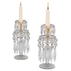 Pair Regency Strawberry Diamond Cut-Glass Candlesticks
