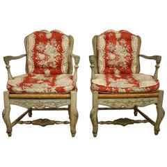 Two Matching 19th Century Country French Painted Armchairs with Rush Seats