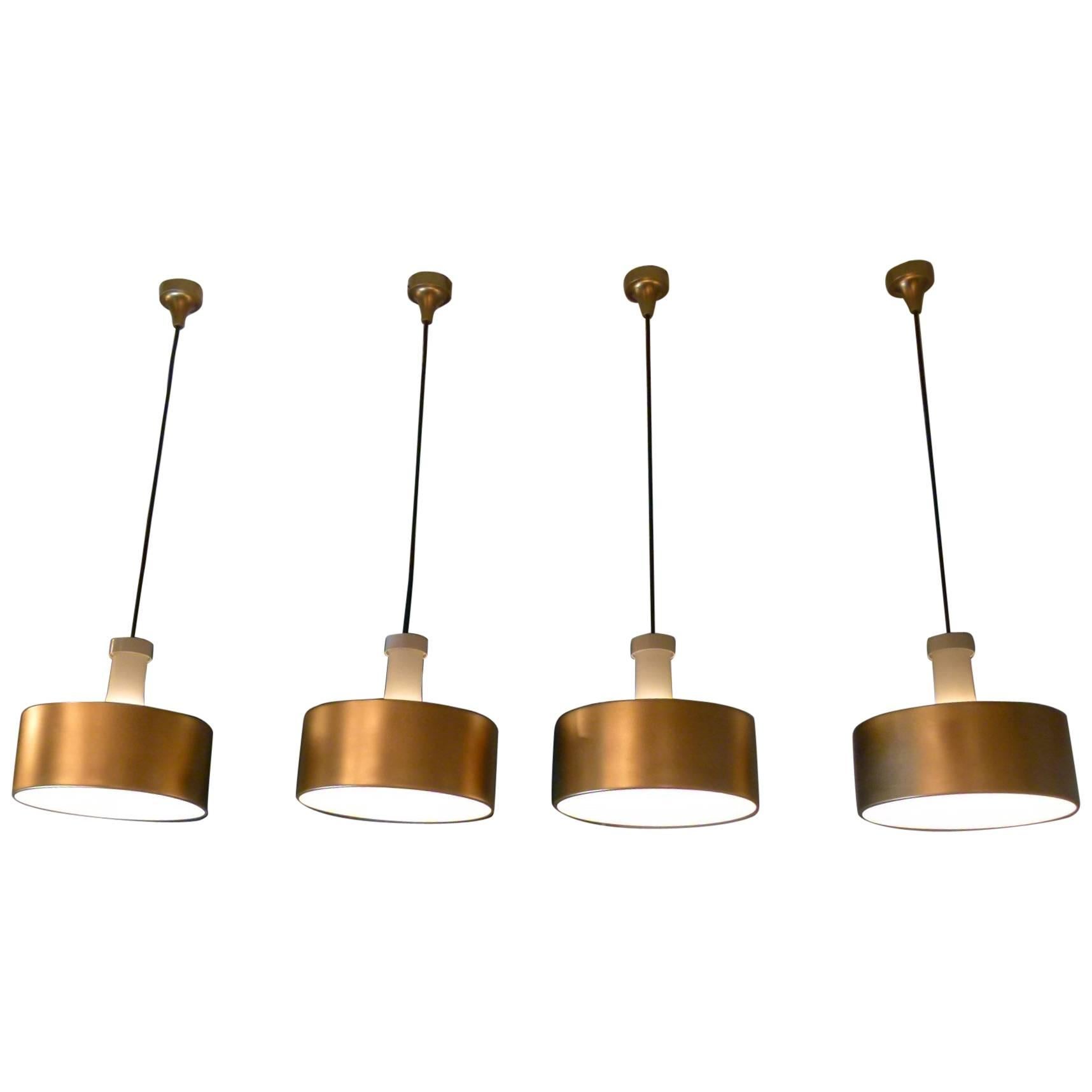 Set of Four 1970s Pendant Lights in Metal and Glass