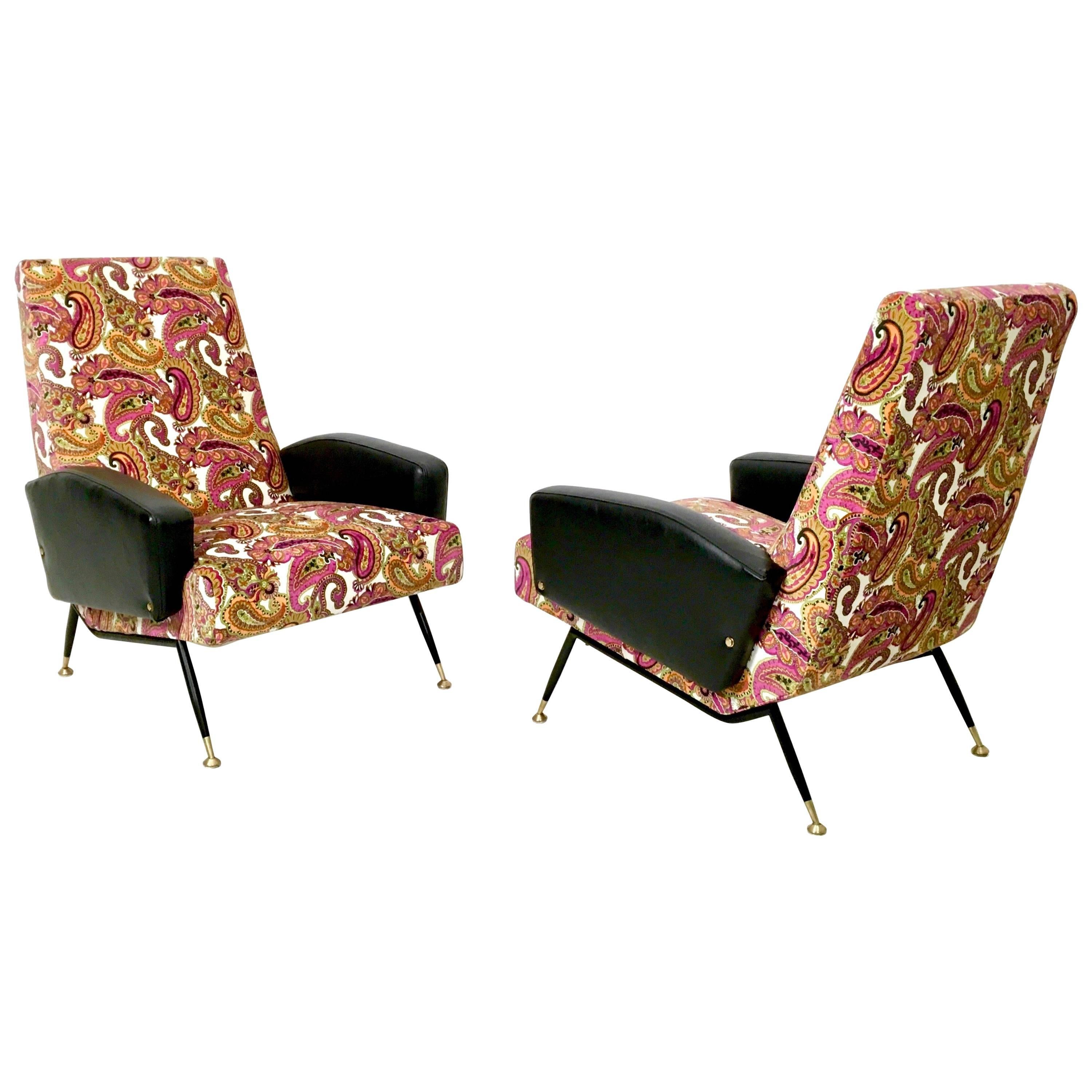 Pair of Patterned Velvet and Black Skai Armchairs, Italy 1950s