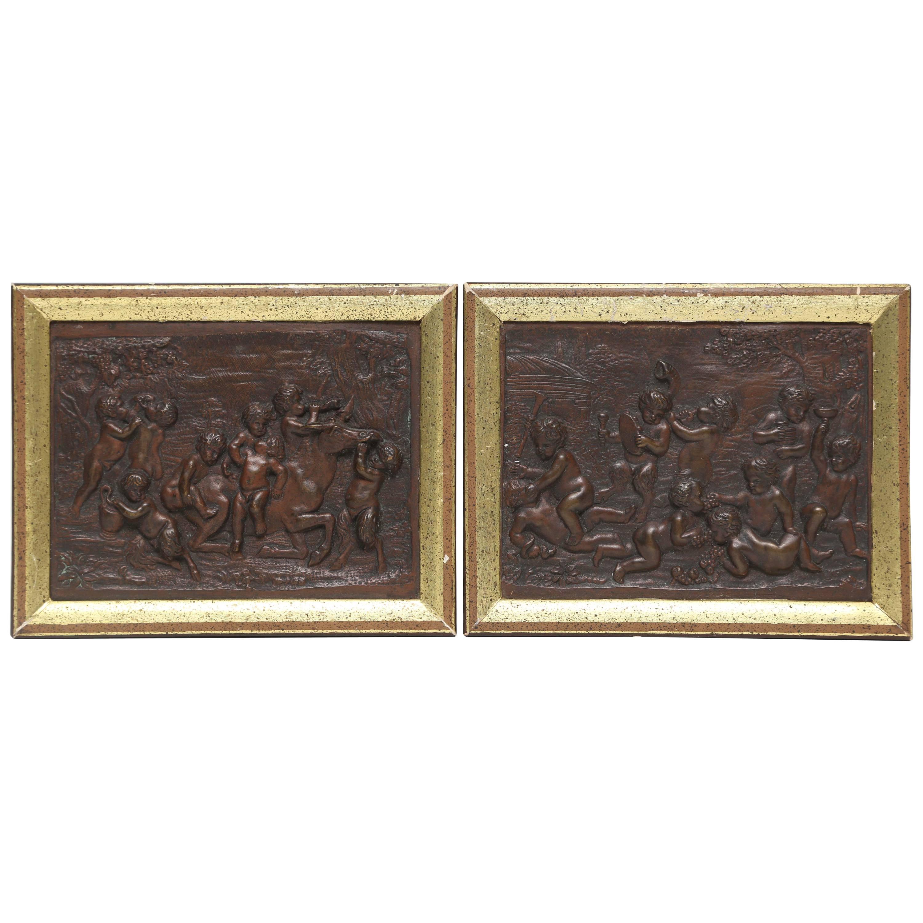 Pair of Bronze Plaquettes with Putti, Signed Clodion, French, 19th Century For Sale