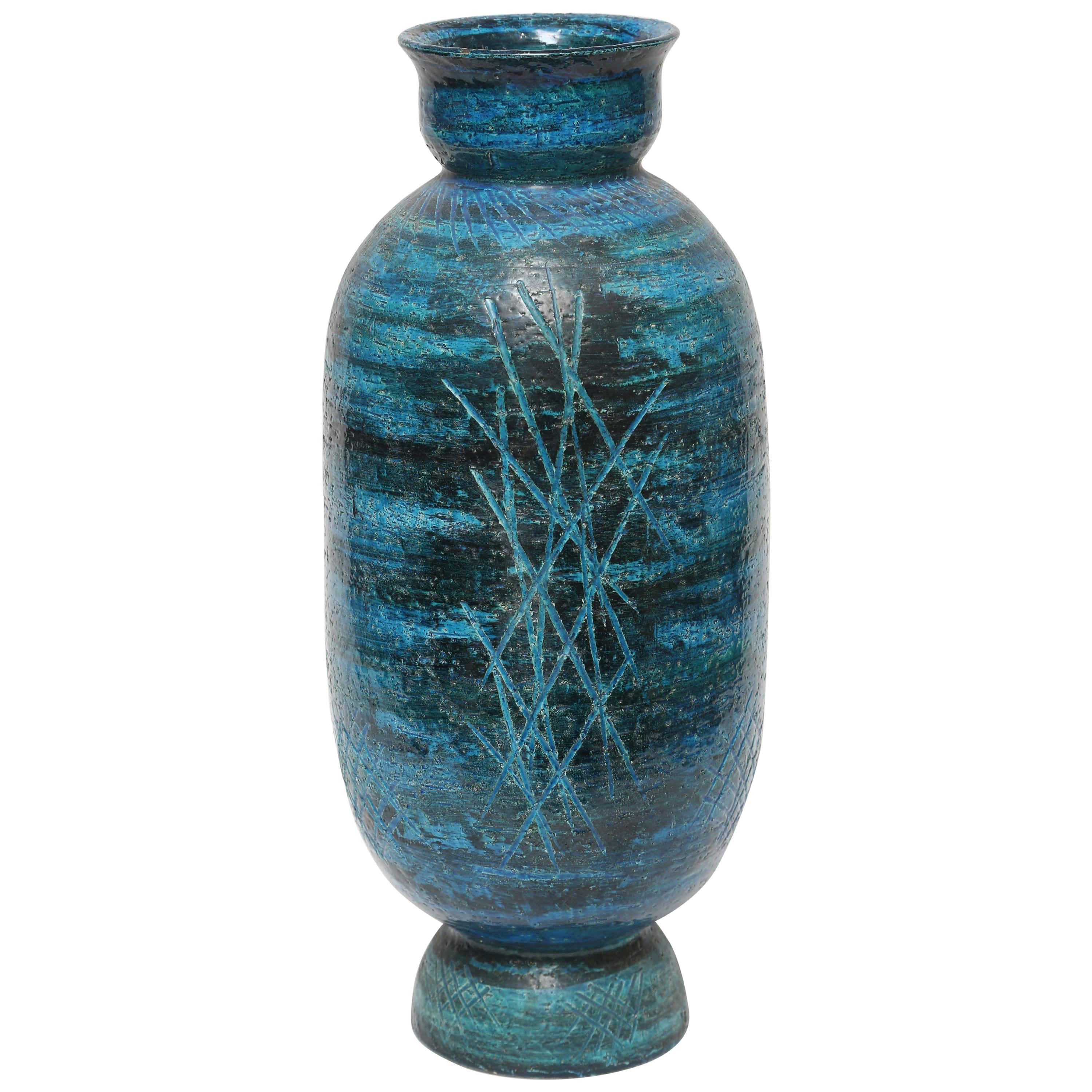 Large Aldo Londi Rimini Blue Brutalist Vase by Bitossi, Italy, 1960s