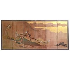 Antique Edo Period Byobu Japanese Screen Cherry Blossoms and Birds