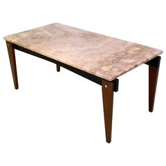 Pink Marble, Ebonized Wood and Teak Coffee Table, Italy, 1950s