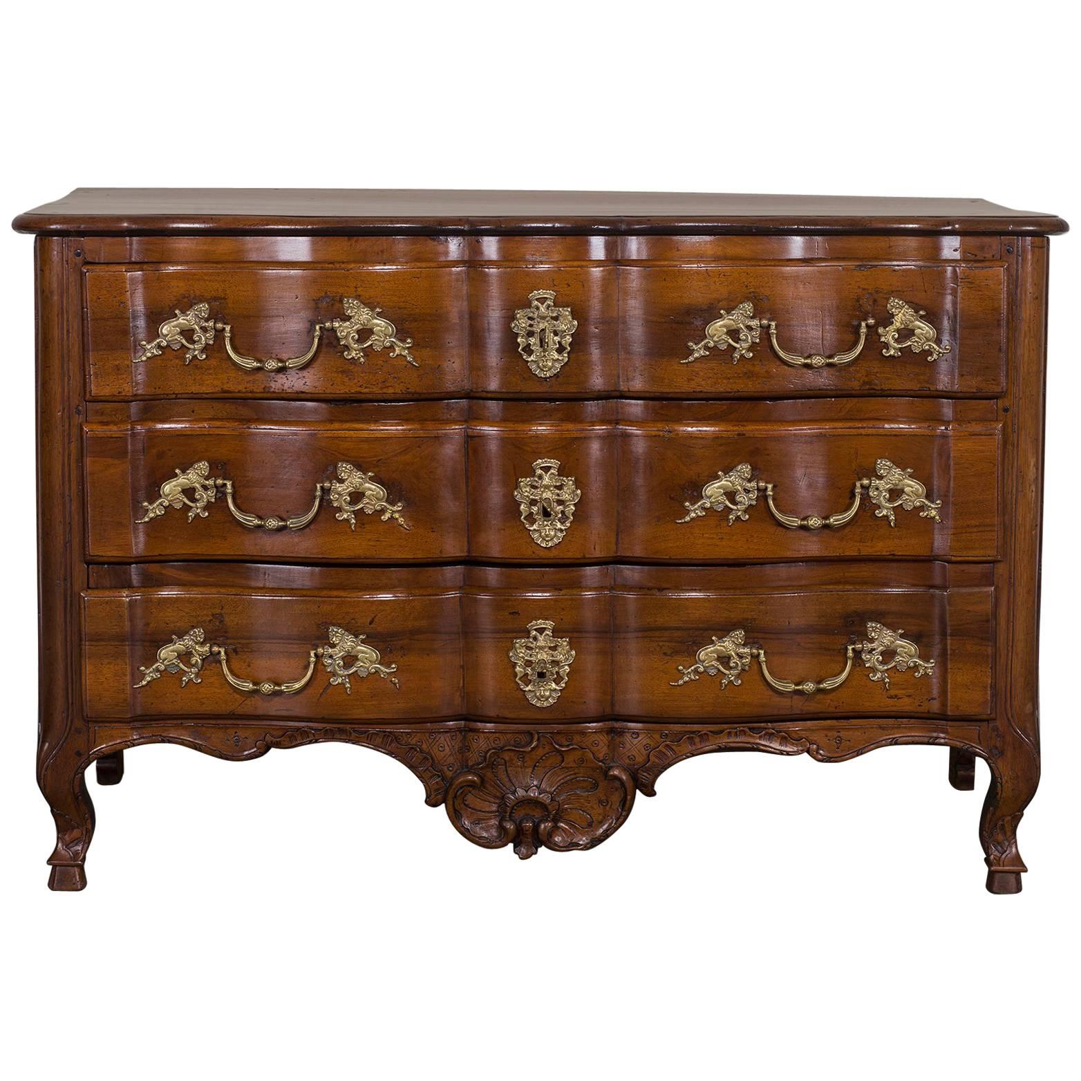 Antique French Louis XV Walnut Chest of Drawers, Arbalette Front, circa 1765