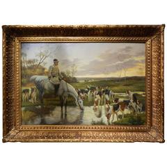Decorative Oil on Canvas "the Hunting Party" Gilded Frame, Early 20th Century