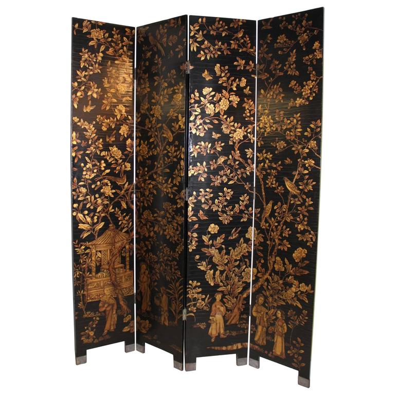 Chinese Black Lacquer and Gilt Decorated FourPanel Screen at 1stDibs