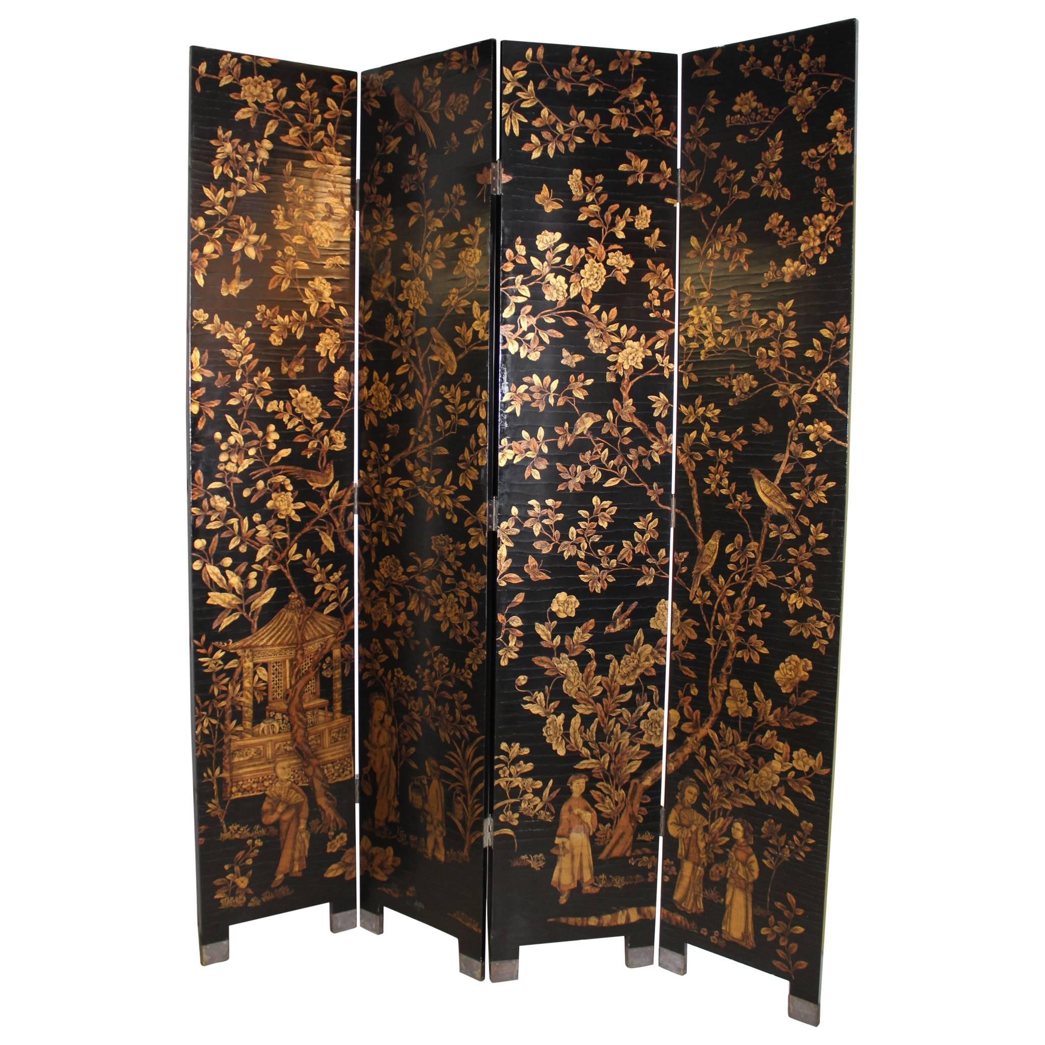 Chinese Black Lacquer and Gilt Decorated Four-Panel Screen