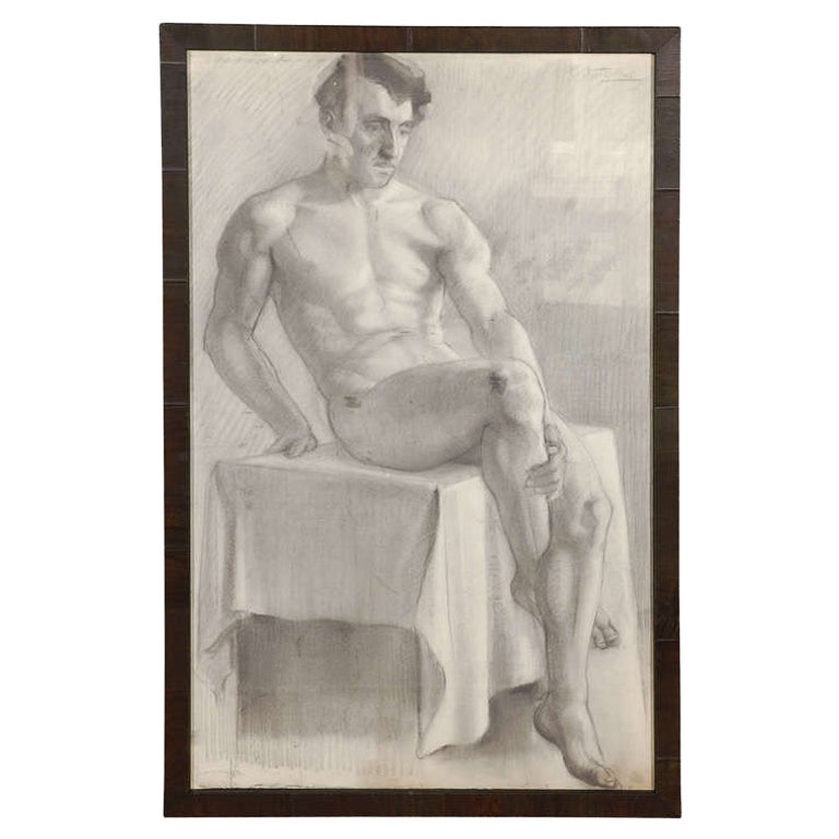 Disegno a carboncino francese di nudo seduto, CIRCA 1910