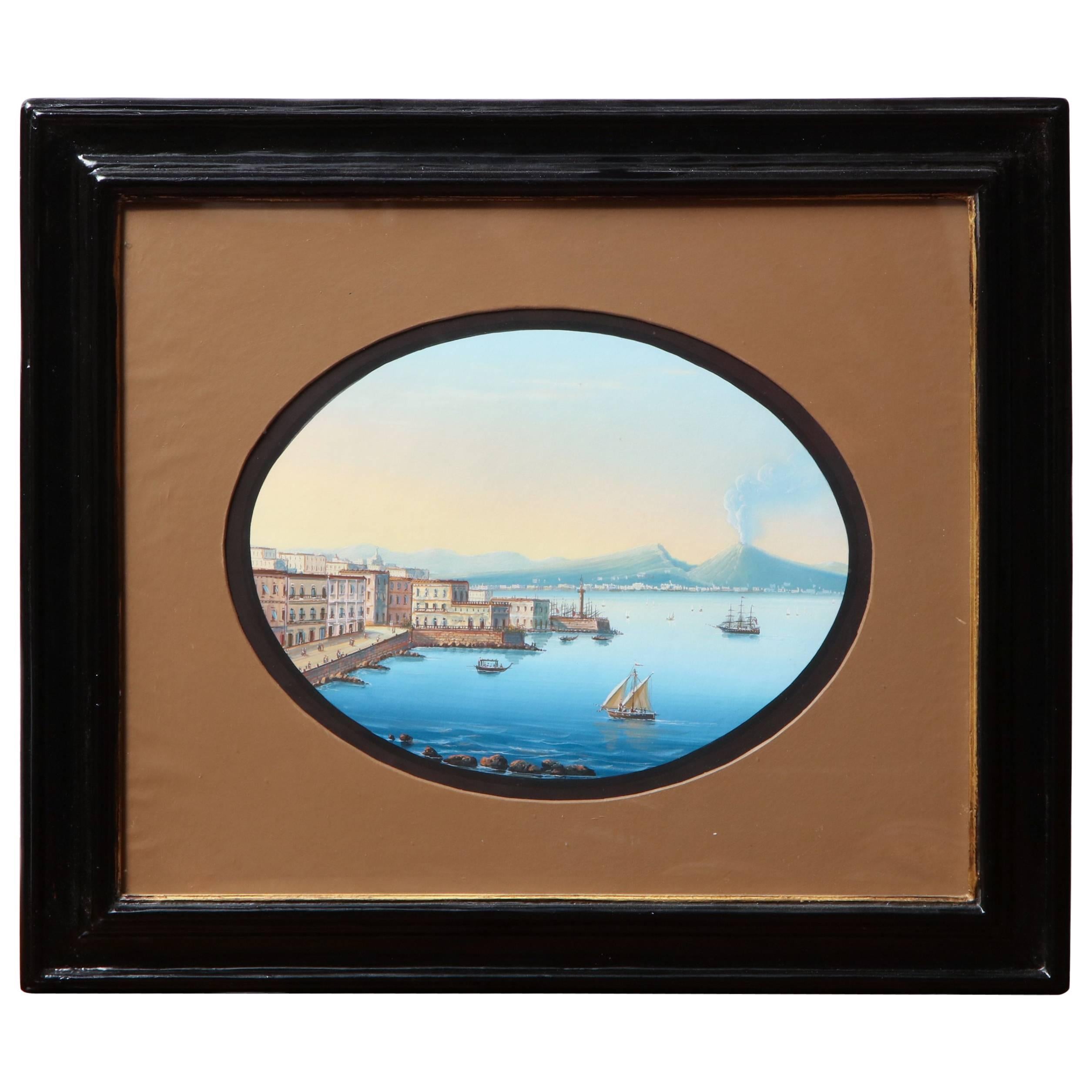 19th Century Gouache of the Bay of Naples in Wooden Frame For Sale