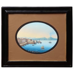 19th Century Gouache of the Bay of Naples in Wooden Frame