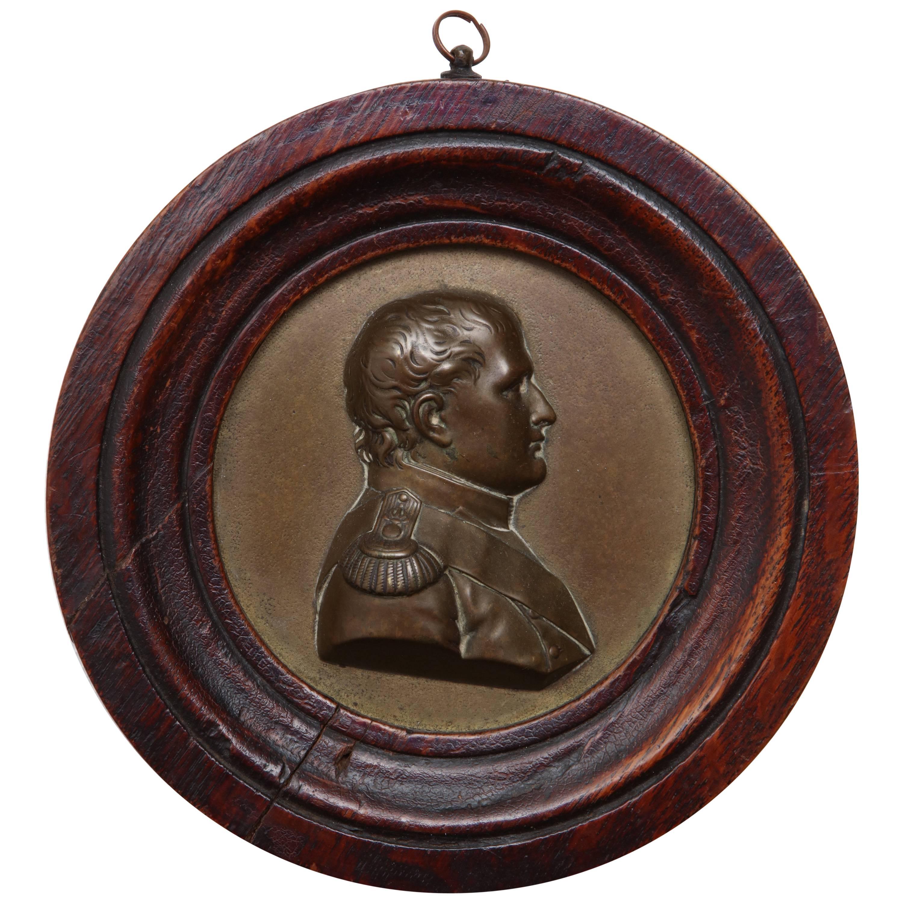 Mid-19th Century Bronze Portrait Plaque of Napoleon in Oak Frame For Sale