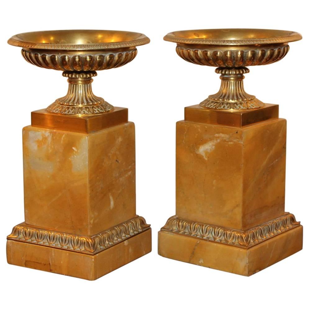Pair of Mid-Century Sienna Marble and Bronze Tazzas For Sale