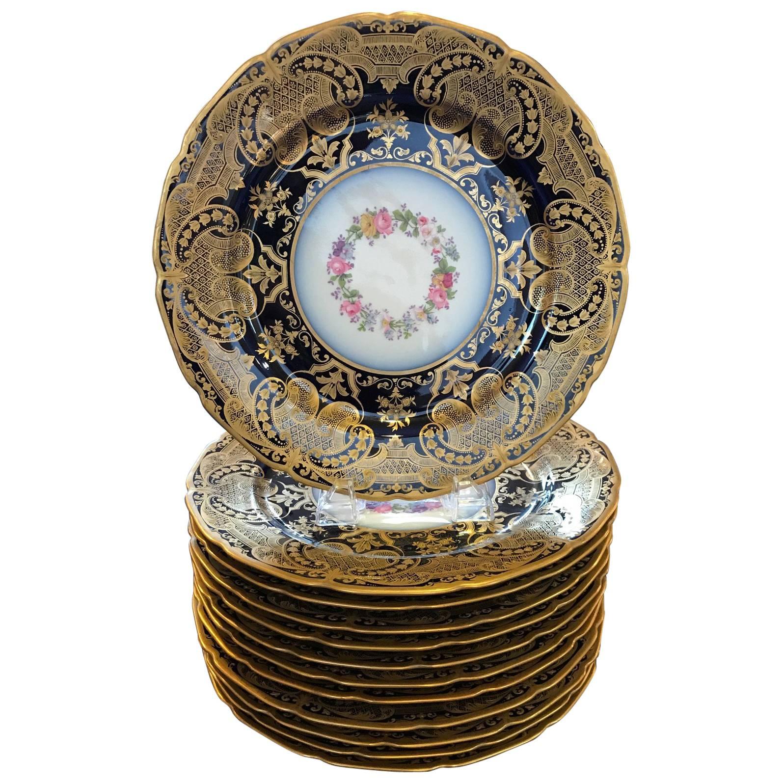 Opulent French Heavy Gilt and Cobalt Plates Set of 12