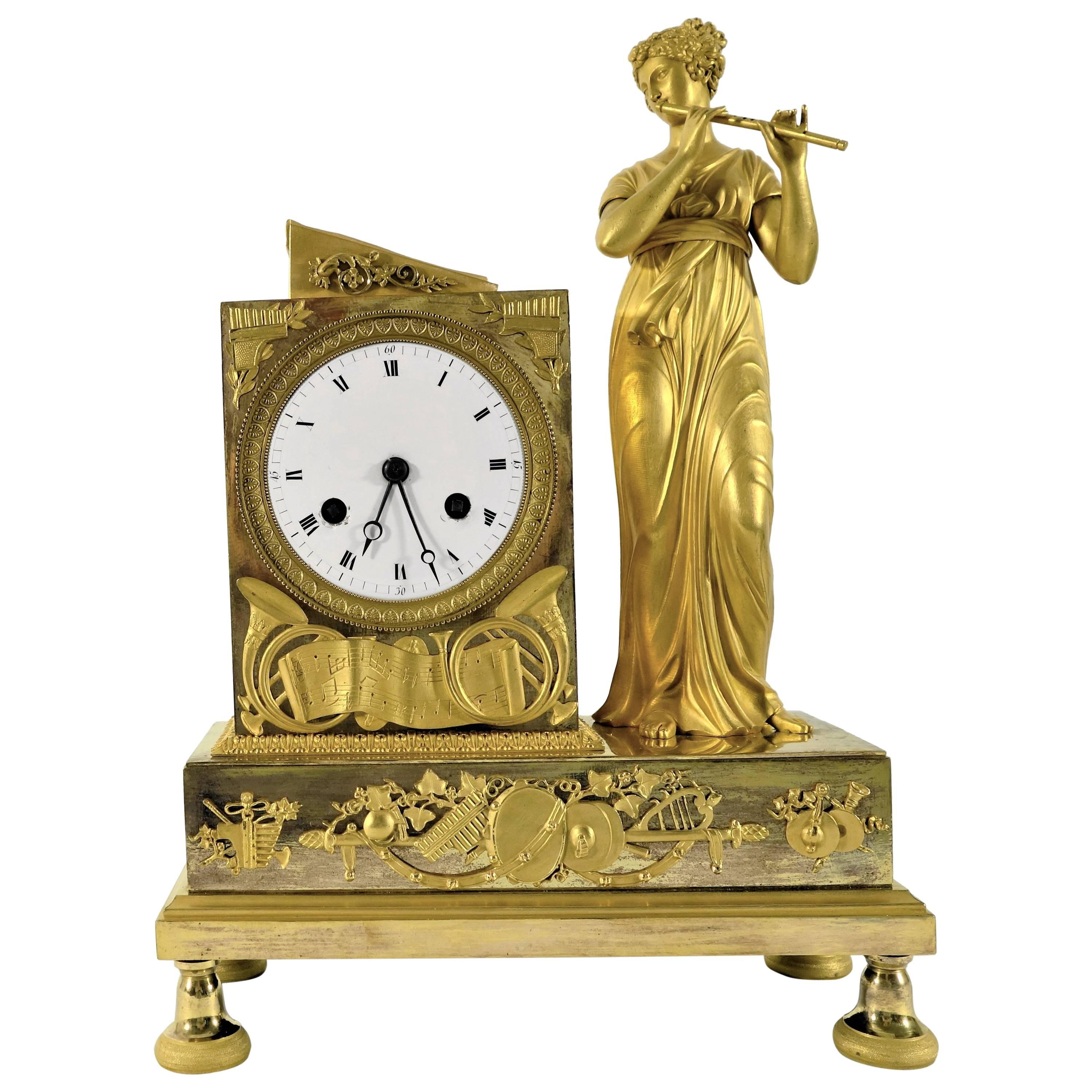 Early 19th Century, French Figural Mantel Clock, Female Flutist For Sale