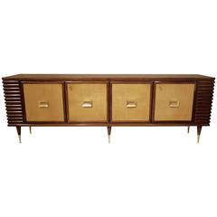 Italian Mid-Century Modern Wood, Leather and Brass Sideboard or Credenza