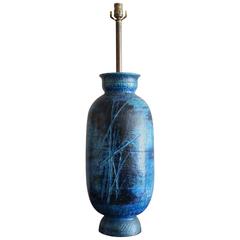 Monumental Aldo Londi for Bitossi Rimini Blue Sgraffito Ceramic Lamp