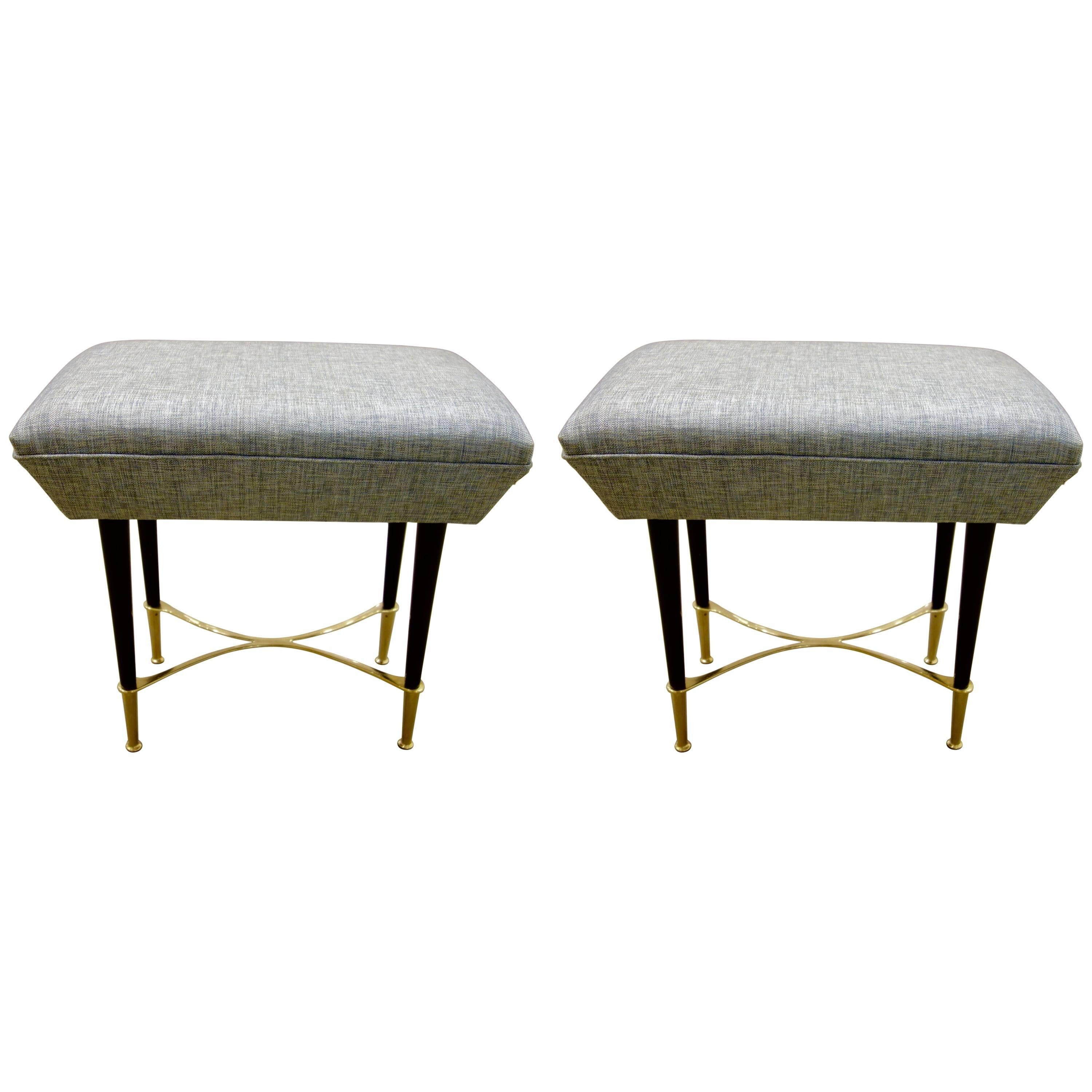 Pair of Italian Mid-Century Slate Blue Wood and Brass Stools or Ottomans
