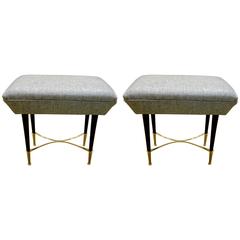 Pair of Italian Mid-Century Slate Blue Wood and Brass Stools or Ottomans