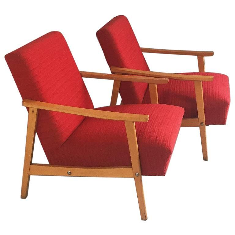 Pair of 1970s Czech Lounge Chairs with Bright Red Original Upholstery and Beech