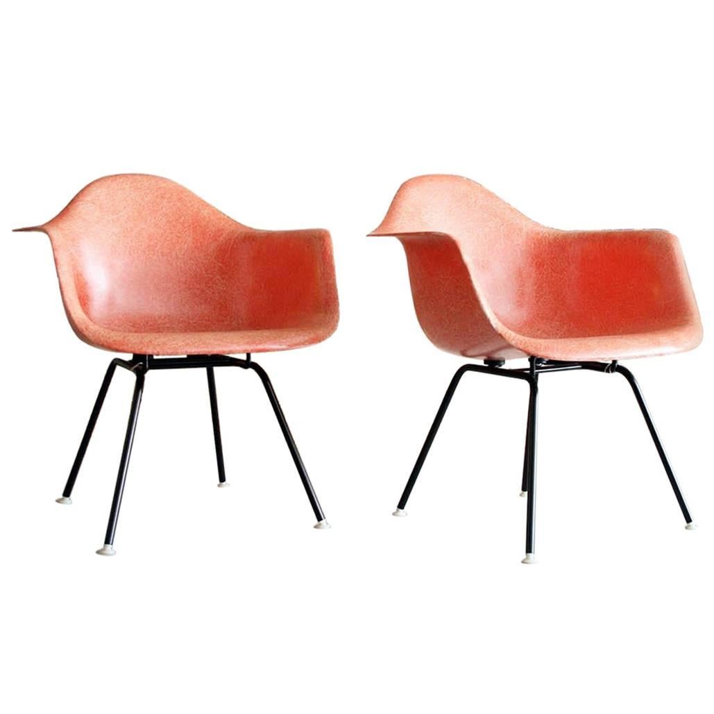 Iconic Pair of Early Eames Fiberglass Bucket Chairs in Salmon