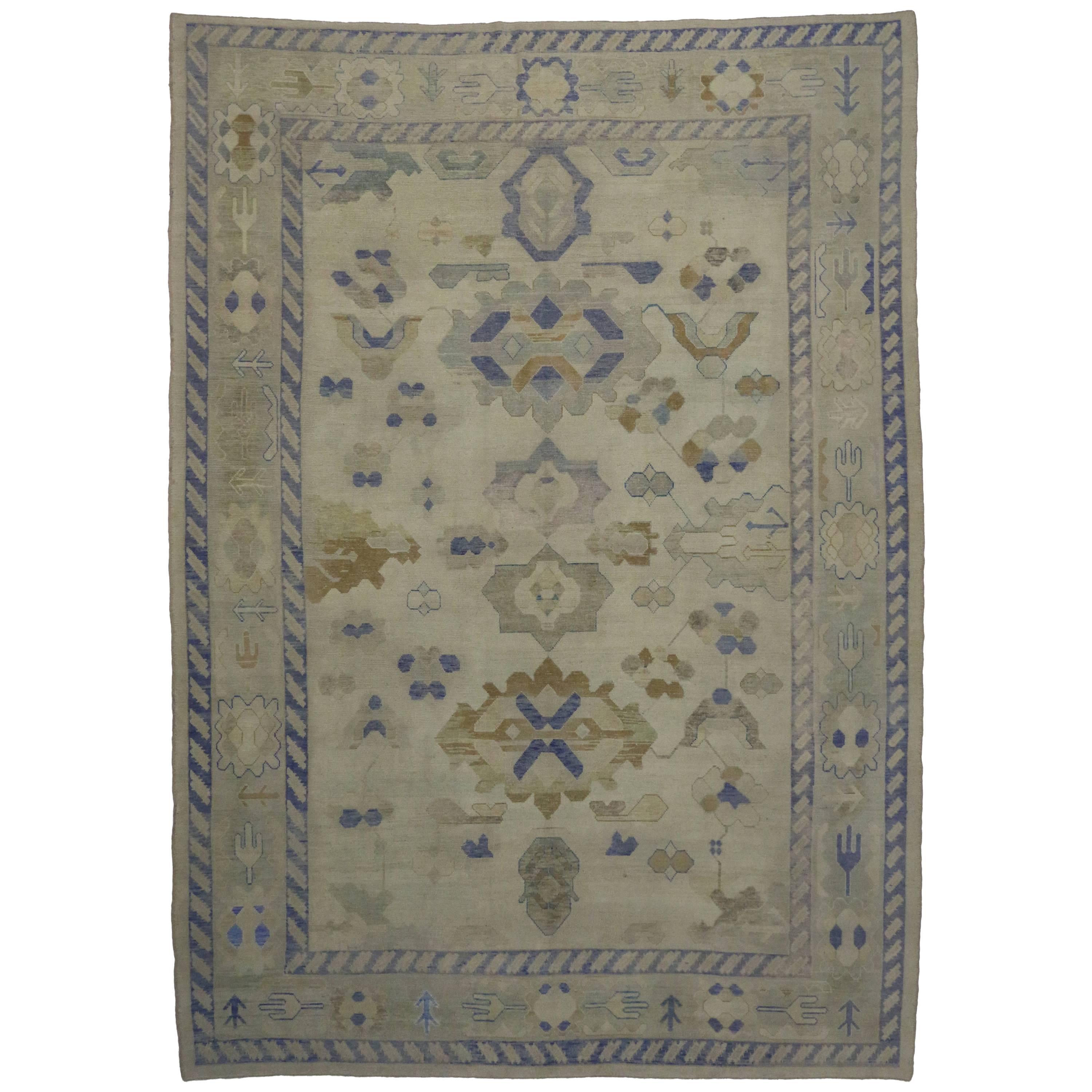 Modern Turkish Oushak Rug with Transitional Style in Coastal Colors